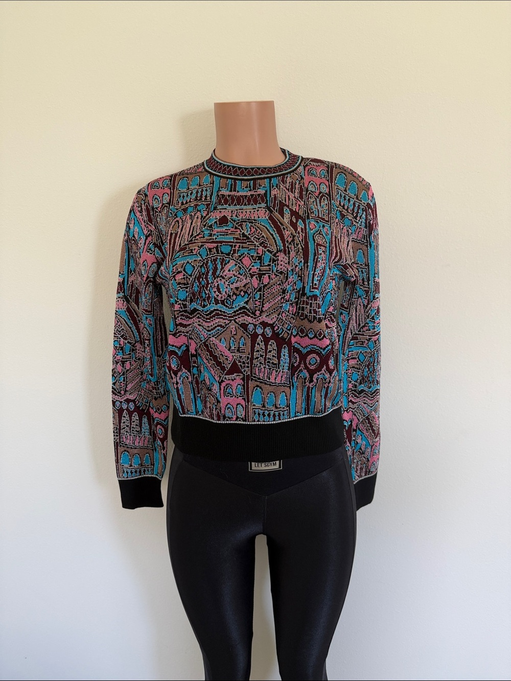 Missoni Pink & Teal Patterned Crewneck Sweater size medium metallic